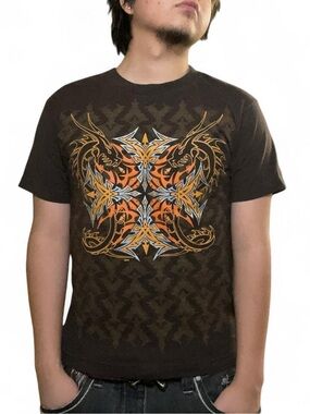 Vintage Archaic Brown Cyber Grunge Y2K Dragon‎ Cross Graphic T-Shirt